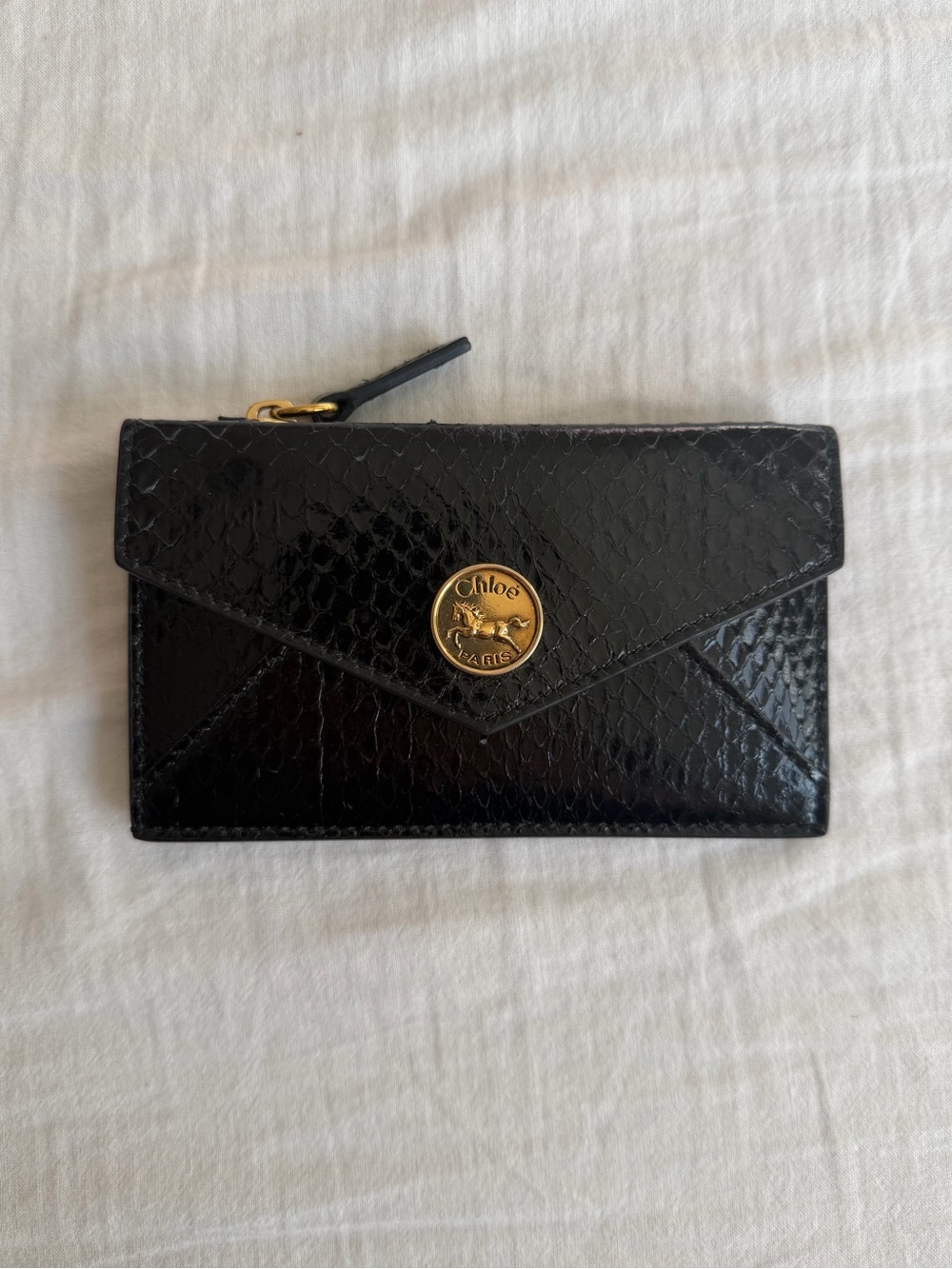 Chloe Black Envelope Card Case with Gold Medallion